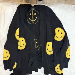 Dressed in LALA Black Cardigan with Yellow Smiley Faces